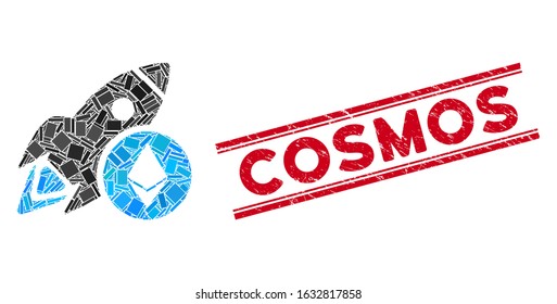 Mosaic Ethereum rocket pictogram and red Cosmos seal stamp between double parallel lines. Flat vector Ethereum rocket mosaic pictogram of randomized rotated rectangular elements.