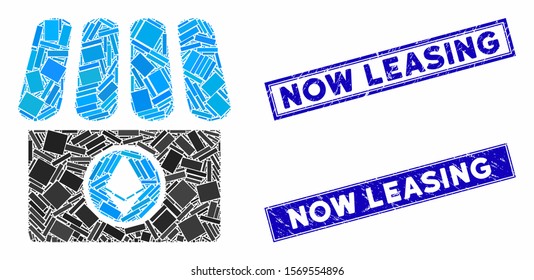 Mosaic Ethereum shop icon and rectangle stamps. Flat vector Ethereum shop mosaic icon of random rotated rectangle items. Blue caption seals with grunge texture.