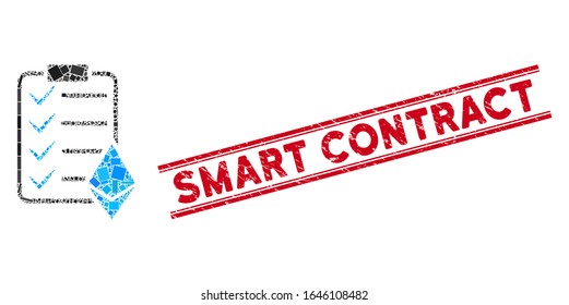 Mosaic Ethereum smart contract icon and red Smart Contract seal between double parallel lines. Flat vector Ethereum smart contract mosaic icon of scattered rotated rectangle elements.