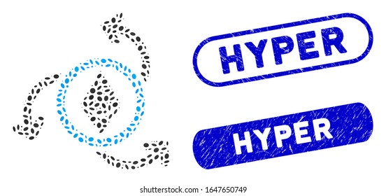 Mosaic Ethereum source swirl and corroded stamp watermarks with Hyper text. Mosaic vector Ethereum source swirl is created with randomized elliptic dots. Hyper seals use blue color,