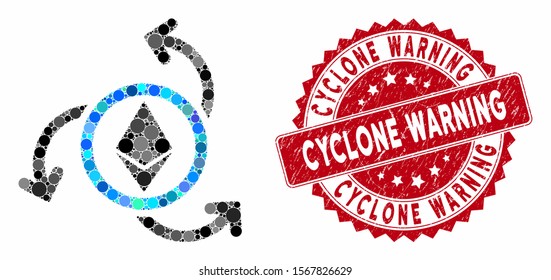 Mosaic Ethereum source swirl and distressed stamp seal with Cyclone Warning text. Mosaic vector is formed with Ethereum source swirl icon and with scattered circle spots.