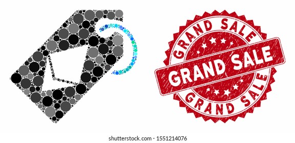 Mosaic Ethereum tag and distressed stamp watermark with Grand Sale text. Mosaic vector is formed with Ethereum tag icon and with randomized circle spots. Grand Sale stamp uses red color,
