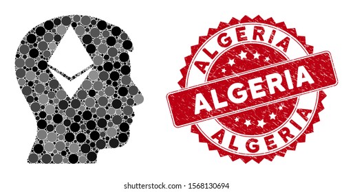 Mosaic Ethereum thinking head and rubber stamp watermark with Algeria text. Mosaic vector is designed with Ethereum thinking head icon and with scattered spheric items.