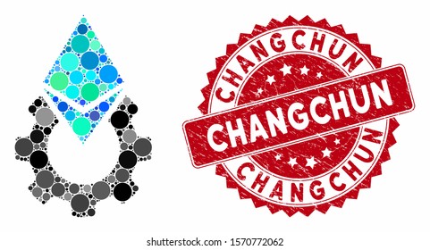 Mosaic Ethereum tools gear and grunge stamp seal with Changchun text. Mosaic vector is created with Ethereum tools gear icon and with random round items. Changchun stamp uses red color,