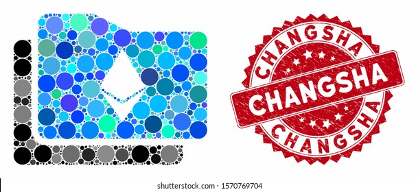 Mosaic Ethereum wallet and distressed stamp seal with Changsha phrase. Mosaic vector is created with Ethereum wallet icon and with randomized circle elements. Changsha stamp seal uses red color,