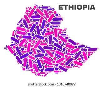 Mosaic Ethiopia map isolated on a white background. Vector geographic abstraction in pink and violet colors. Mosaic of Ethiopia map combined of scattered round points and lines.