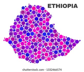 Mosaic Ethiopia map isolated on a white background. Vector geographic abstraction in pink and violet colors. Mosaic of Ethiopia map combined of random round elements.