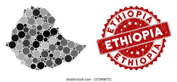 Mosaic Ethiopia map and round rubber print. Flat vector Ethiopia map mosaic of randomized round items. Red rubber seal with corroded design. Designed for political and patriotic purposes.