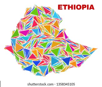 Mosaic Ethiopia map of triangles in bright colors isolated on a white background. Triangular collage in shape of Ethiopia map. Abstract design for patriotic decoration.