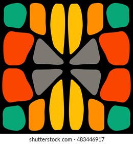 Mosaic ethnic ornament on black background. Design element for greeting card, invitation, textile, ceramic tile, paper napkin. 