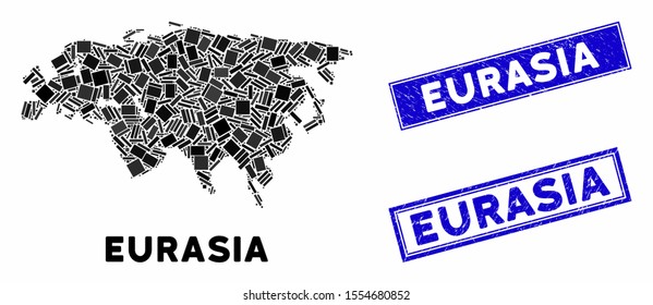 Mosaic Eurasia map and rectangle seals. Flat vector Eurasia map mosaic of randomized rotated rectangle elements. Blue caption seals with rubber texture. Designed for political and patriotic agitprop.