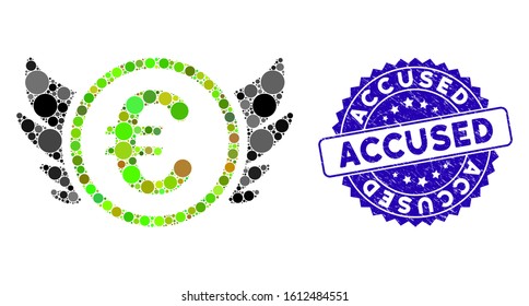 Mosaic euro angel investment icon and corroded stamp seal with Accused phrase. Mosaic vector is composed with euro angel investment pictogram and with scattered spheric items.