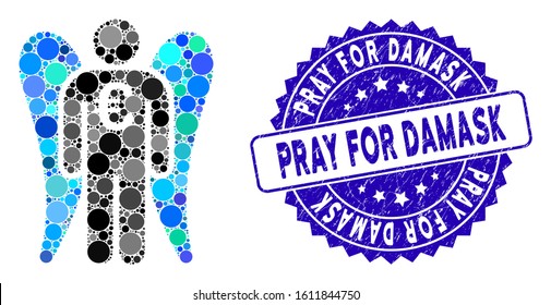 Mosaic Euro angel investor icon and grunge stamp seal with Pray for Damask text. Mosaic vector is composed with Euro angel investor icon and with randomized spheric elements.
