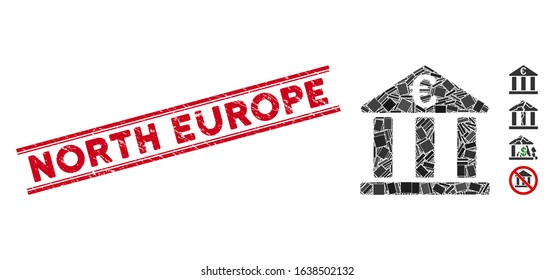 Mosaic Euro bank building icon and red North Europe seal stamp between double parallel lines. Flat vector Euro bank building mosaic icon of randomized rotated rectangle items.