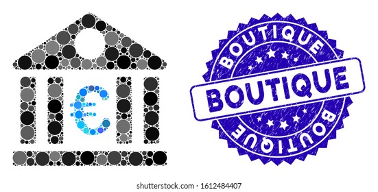 Mosaic Euro bank icon and grunge stamp seal with Boutique text. Mosaic vector is created with Euro bank icon and with randomized spheric spots. Boutique stamp uses blue color, and grunge design.