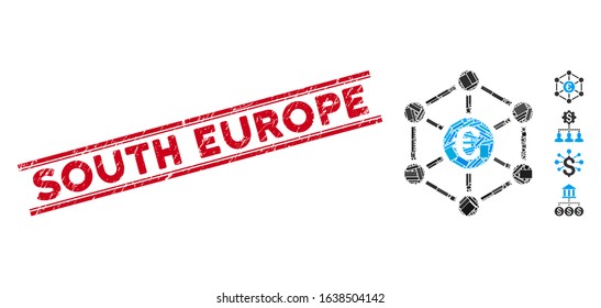 Mosaic Euro bank network icon and red South Europe seal stamp between double parallel lines. Flat vector Euro bank network mosaic icon of random rotated rectangular elements.