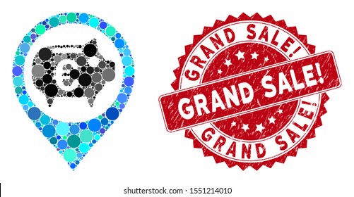 Mosaic Euro bank pointer and grunge stamp watermark with Grand Sale! caption. Mosaic vector is designed with Euro bank pointer icon and with randomized spheric items. Grand Sale! stamp uses red color,