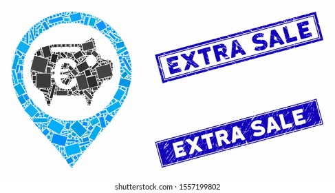 Mosaic Euro bank pointer pictogram and rectangular stamps. Flat vector Euro bank pointer mosaic pictogram of scattered rotated rectangular elements. Blue caption rubber seals with distress textures.