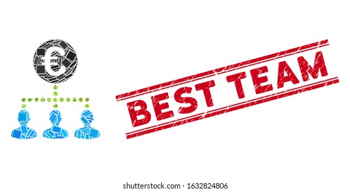 Mosaic euro bank staff icon and red Best Team stamp between double parallel lines. Flat vector euro bank staff mosaic icon of scattered rotated rectangle items.