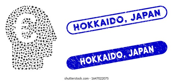 Mosaic euro banker and grunge stamp seals with Hokkaido, Japan phrase. Mosaic vector euro banker is composed with scattered oval elements. Hokkaido, Japan stamp seals use blue color,