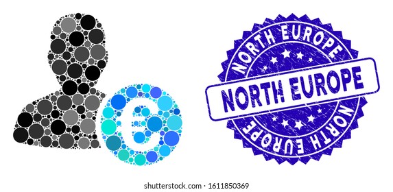 Mosaic Euro banker icon and grunge stamp seal with North Europe caption. Mosaic vector is formed with Euro banker icon and with random round elements. North Europe stamp seal uses blue color,