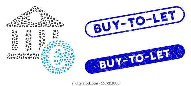 Mosaic Euro banking building and distressed stamp seals with Buy-To-Let text. Mosaic vector Euro banking building is created with random elliptic elements. Buy-To-Let stamp seals use blue color,