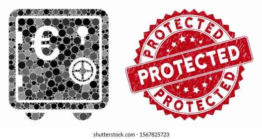 Mosaic Euro banking safe and grunge stamp seal with Protected text. Mosaic vector is formed with Euro banking safe icon and with random circle spots. Protected stamp seal uses red color,
