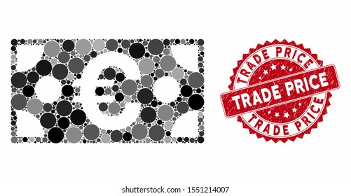 Mosaic Euro banknote and grunge stamp seal with Trade Price phrase. Mosaic vector is created with Euro banknote icon and with scattered spheric elements. Trade Price stamp seal uses red color,