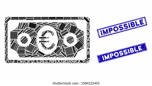 Mosaic Euro banknote icon and rectangle Impossible seal stamps. Flat vector Euro banknote mosaic icon of random rotated rectangle items. Blue Impossible seal stamps with distress surface.