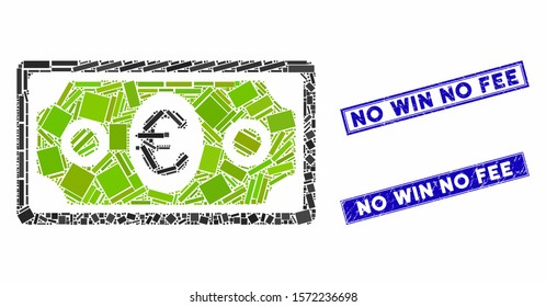Mosaic euro banknote pictogram and rectangular No Win No Fee seal stamps. Flat vector euro banknote mosaic pictogram of random rotated rectangular items.