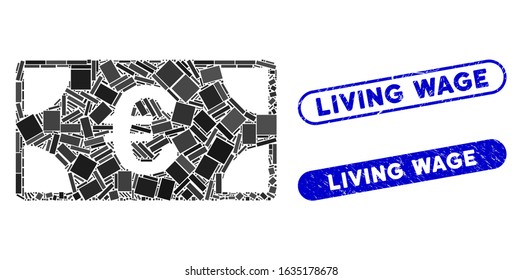 Mosaic Euro banknote and rubber stamp seals with Living Wage text. Mosaic vector Euro banknote is composed with randomized rectangle items. Living Wage stamp seals use blue color,