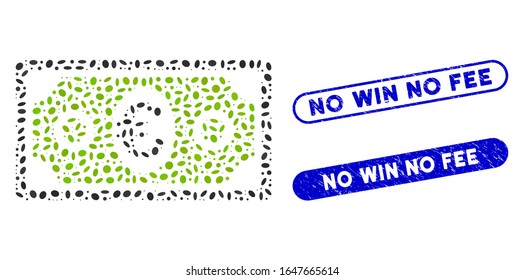 Mosaic euro banknote and rubber stamp seals with No Win No Fee text. Mosaic vector euro banknote is designed with random oval elements. No Win No Fee stamp seals use blue color,