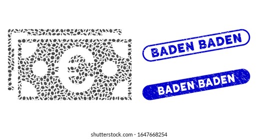 Mosaic Euro banknotes and corroded stamp seals with Baden Baden text. Mosaic vector Euro banknotes is created with random elliptic pieces. Baden Baden stamp seals use blue color,