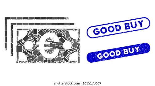 Mosaic Euro banknotes and distressed stamp seals with Good Buy text. Mosaic vector Euro banknotes is formed with randomized rectangle items. Good Buy seals use blue color,