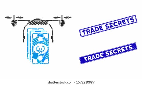 Mosaic Euro banknotes drone pictogram and rectangular Trade Secrets seal stamps. Flat vector Euro banknotes drone mosaic pictogram of random rotated rectangle elements.