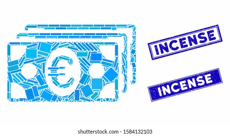 Mosaic Euro banknotes icon and rectangle Incense watermarks. Flat vector Euro banknotes mosaic icon of scattered rotated rectangle items. Blue Incense seals with scratched textures.
