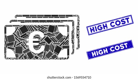 Mosaic Euro banknotes pictogram and rectangular rubber prints. Flat vector Euro banknotes mosaic pictogram of randomized rotated rectangular items. Blue caption rubber stamps with scratched surface.