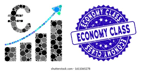 Mosaic Euro bar chart icon and rubber stamp seal with Economy Class text. Mosaic vector is created with Euro bar chart icon and with scattered circle spots. Economy Class stamp seal uses blue color,