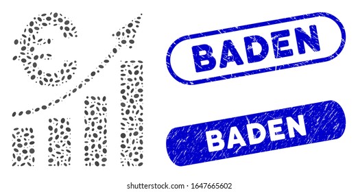 Mosaic Euro bar chart trend and grunge stamp watermarks with Baden phrase. Mosaic vector Euro bar chart trend is created with randomized ellipse spots. Baden stamp seals use blue color,