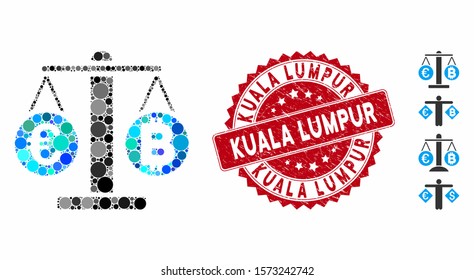 Mosaic Euro and Bitcoin scales icon and grunge stamp watermark with Kuala Lumpur caption. Mosaic vector is composed with Euro and Bitcoin scales icon and with scattered circle elements.