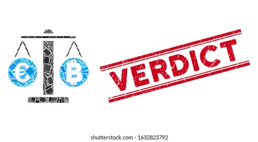 Mosaic Euro and Bitcoin scales icon and red Verdict seal stamp between double parallel lines. Flat vector Euro and Bitcoin scales mosaic icon of scattered rotated rectangle items.
