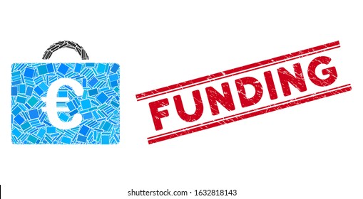 Mosaic Euro bookkeeping case pictogram and red Funding seal stamp between double parallel lines. Flat vector Euro bookkeeping case mosaic pictogram of scattered rotated rectangular elements.