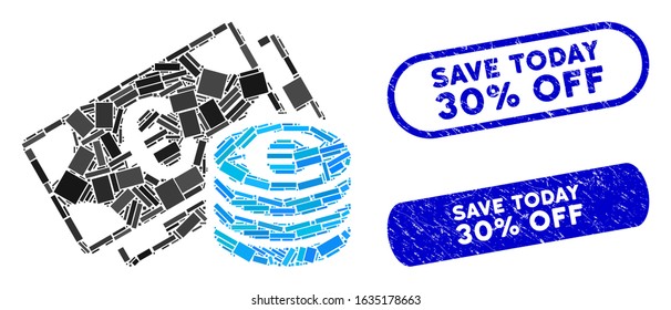 Mosaic Euro cash and corroded stamp seals with Save Today 30% Off text. Mosaic vector Euro cash is designed with randomized rectangle items. Save Today 30% Off stamp seals use blue color,