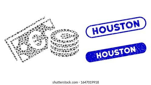 Mosaic Euro cash and corroded stamp seals with Houston phrase. Mosaic vector Euro cash is composed with scattered oval spots. Houston stamp seals use blue color, and have round rectangle shape.