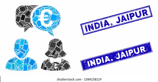 Mosaic Euro chat icon and rectangle India, Jaipur stamps. Flat vector Euro chat mosaic icon of scattered rotated rectangle elements. Blue India, Jaipur rubber seals with distress surface.