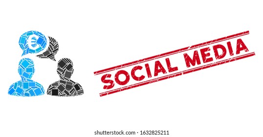 Mosaic Euro chat icon and red Social Media seal between double parallel lines. Flat vector Euro chat mosaic pictogram of random rotated rectangle items. Red Social Media seal with scratched surface.