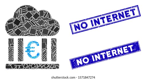Mosaic euro cloud banking icon and rectangle No Internet stamps. Flat vector euro cloud banking mosaic icon of randomized rotated rectangle items. Blue No Internet seal stamps with scratched surface.