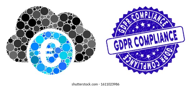 Mosaic Euro cloud banking icon and rubber stamp seal with Gdpr Compliance text. Mosaic vector is designed with Euro cloud banking icon and with scattered round elements.