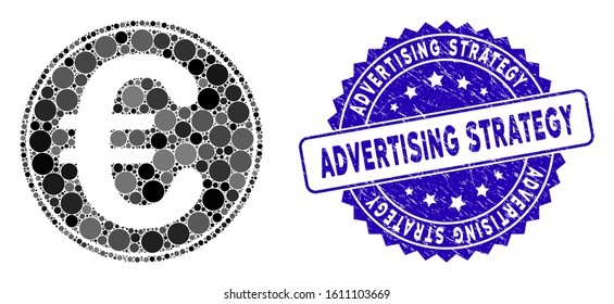 Mosaic Euro coin icon and rubber stamp seal with Advertising Strategy phrase. Mosaic vector is created with Euro coin pictogram and with scattered round elements.