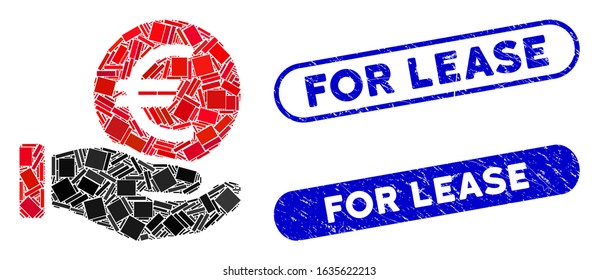 Mosaic Euro coin payment and rubber stamp watermarks with For Lease text. Mosaic vector Euro coin payment is composed with randomized rectangle items. For Lease stamp seals use blue color,